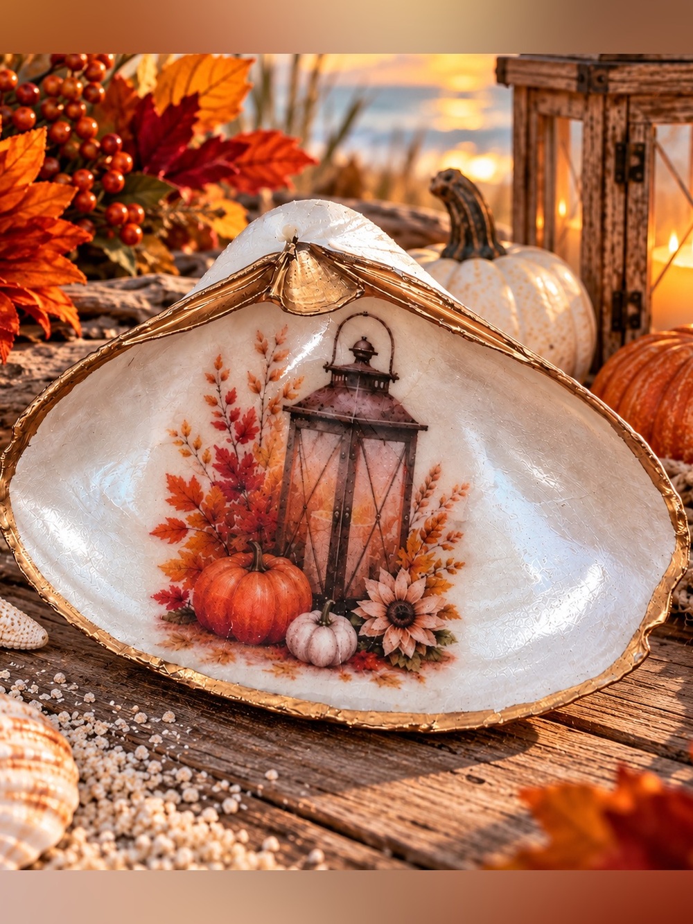 Autumn Lantern Decorative Shell Tray - White & Gold